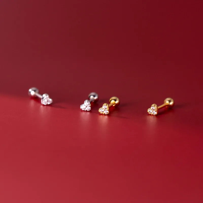 Real 925 Sterling Silver Fashion Sweet Mini Heart CZ Screw Stud Earrings for Women Wedding Mother's Day Jewelry