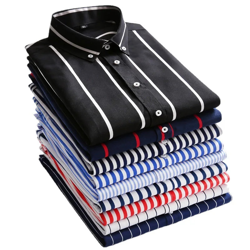 RNSHANGER Men's Thin Striped Long-sleeved Shirt Male Slim Business Casual Plaid Breathable Shirts Fashion Men Dress Shirt