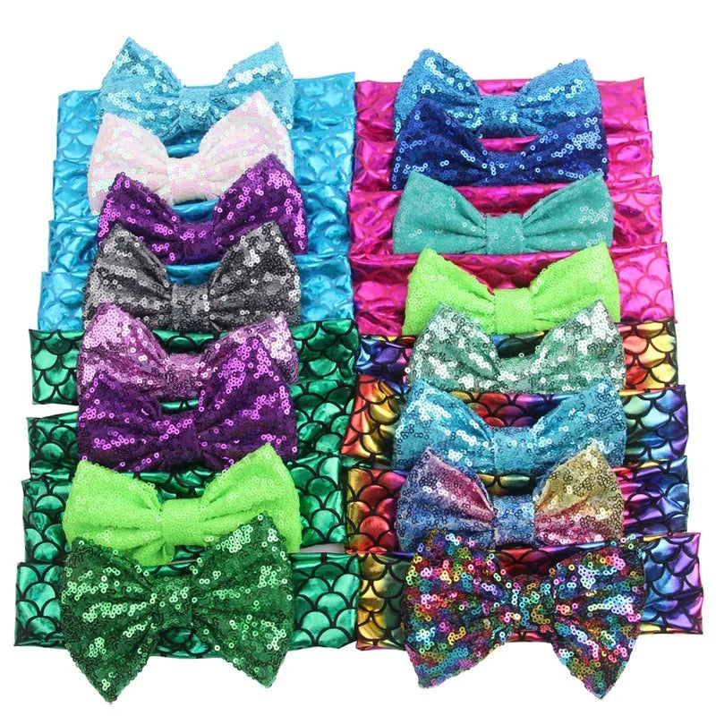5 Inches Baby and Children Holiday Style Sequins Bow Mermaid Scale Metallic Fabric Grid Wide Elastic Hair Band