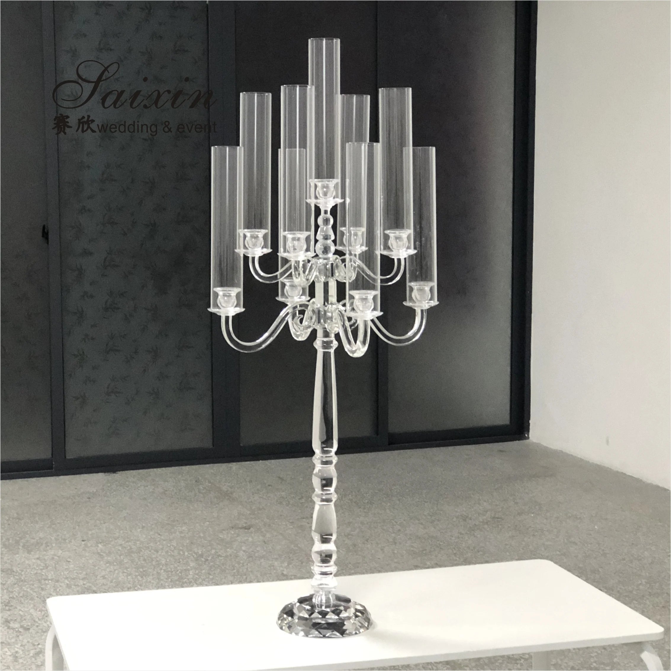 Hot Sale 9-Arm Glass Cylinder Crystal Candelabra Gorgeous Wedding Centerpiece Table Decorative Pillar Holder for Valentine's Day