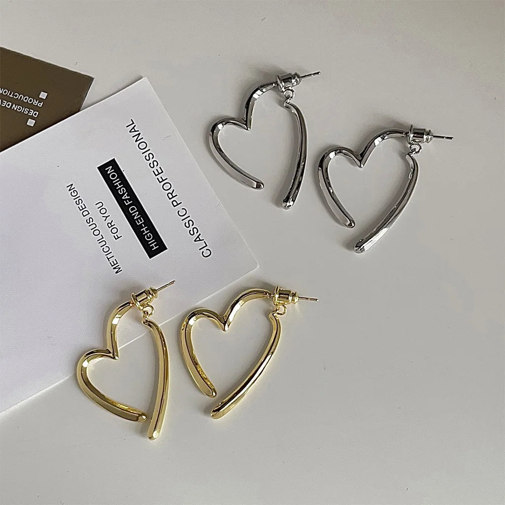 Korean 925Silver Needles Heart Hoop Earrings Copper Plated 14K Gold Heart Shape Earrings for Women Jewelry