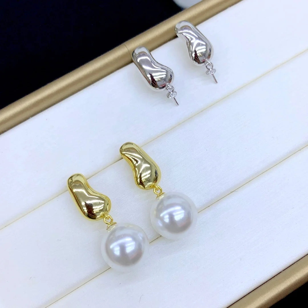 E1974 11-12mm DIY Natural Freshwater Pearl Charm Earrings Mounting Accessory 925 Sterling Silver Gold Plated  Jewelry for Women