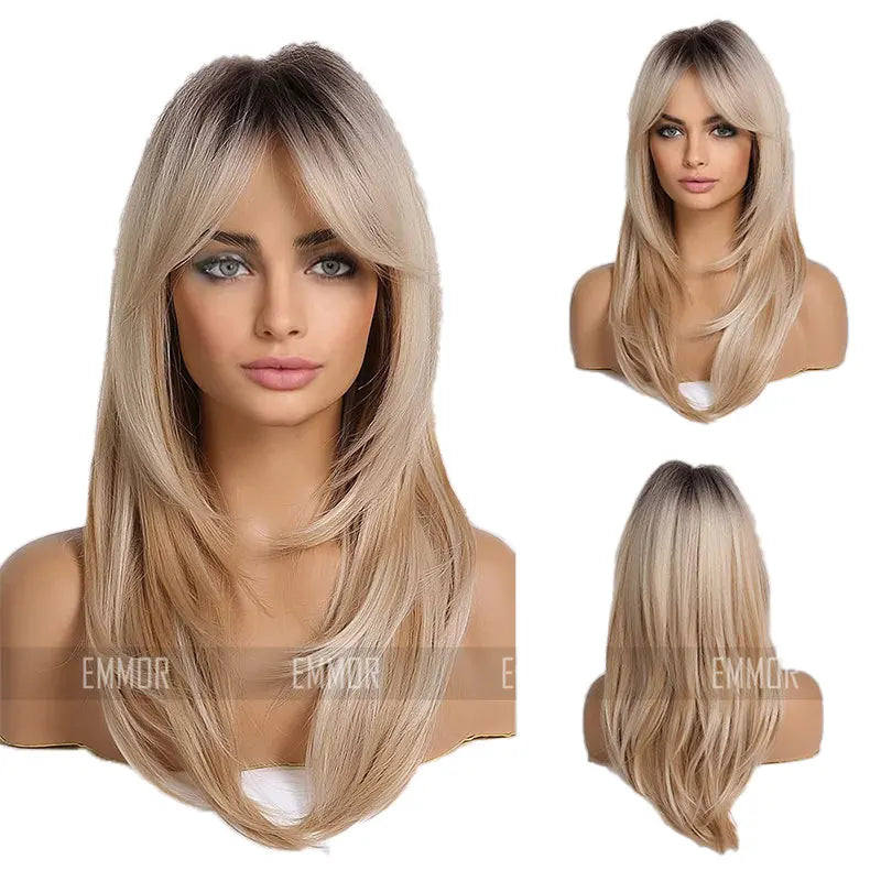 FUJIA Brown Dark Wigs for WomenLayered Long Synthetic Hair Wig for Daily Party Side Parting (Dark Brown Side Parting)