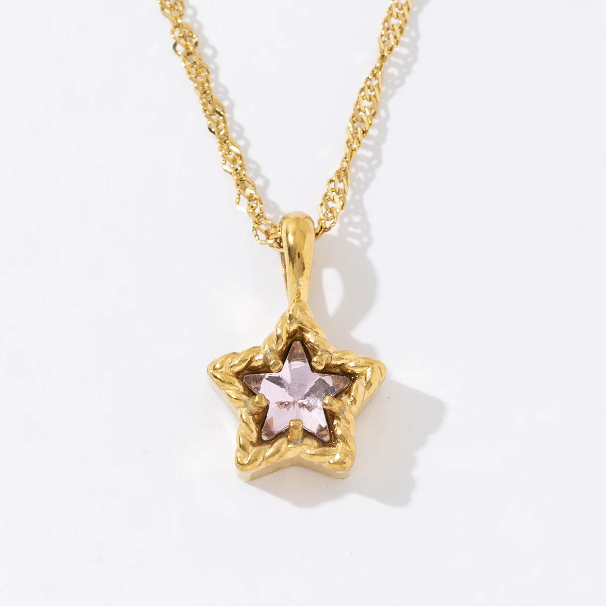 18K Gold Plated Women Stainless Steel Ripple Chain White Pink Cubic Zircon Star Pendant Necklace