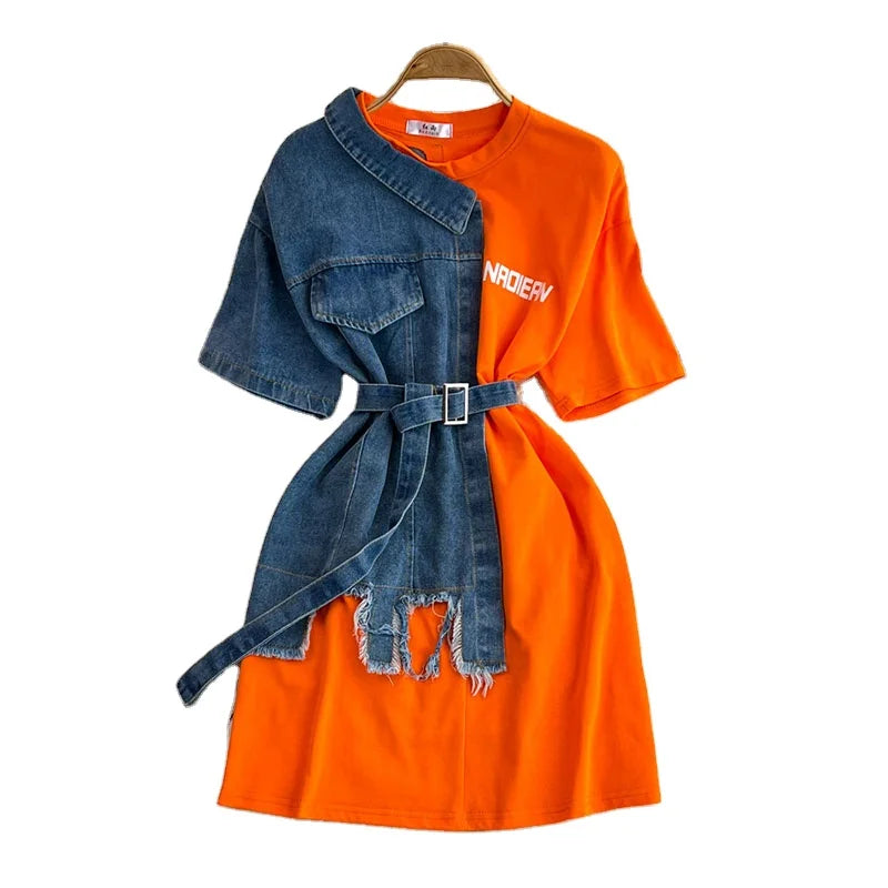 RNSHANGER Fashion Round Neck Color Blocking Women Dress New Short Sleeve Ladies Chic Long Tops T-Shirt Dresses With Belt