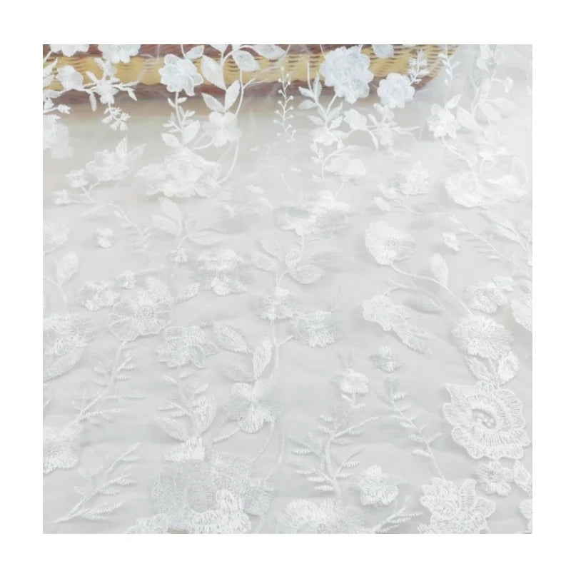 New Single-sided White Flower Polyester Embroidered Mesh Lace Fabric for Wedding Dress and Evening Dress MF92