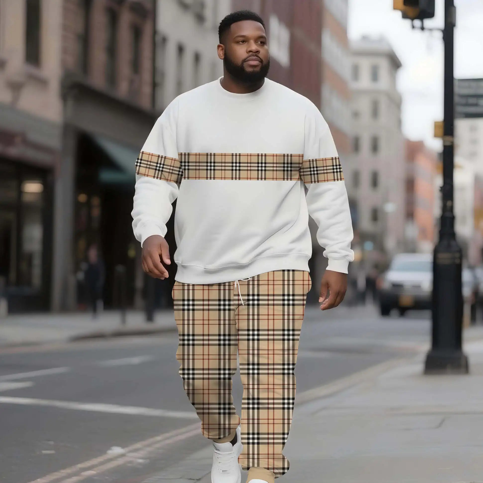 Men's Crew Neck Sweatshirt Set Plus Size British Plaid Stripe Design Clothing Manufacturer Wholesale