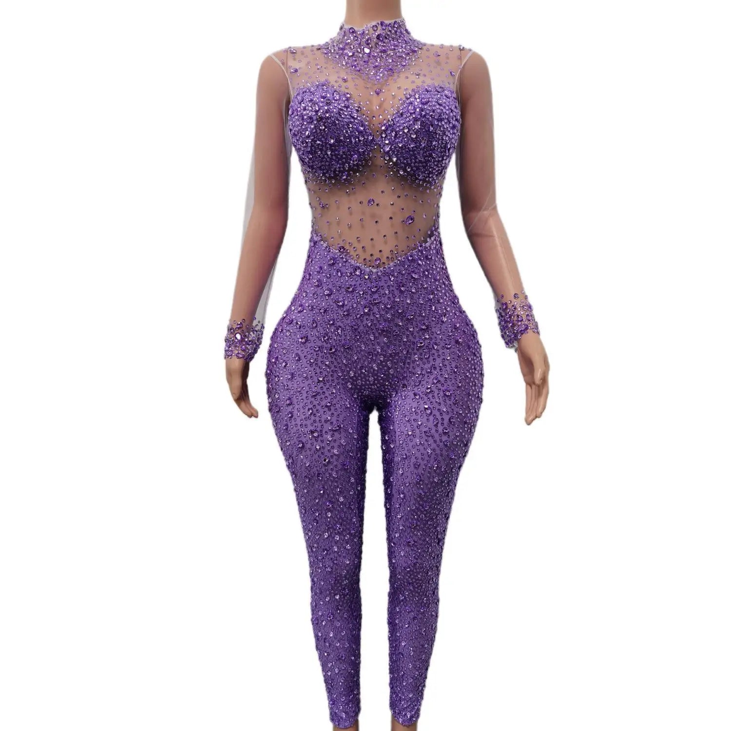 Fashion Long Sleeves Sequin Crystal Bodycon Rompers Dancer Clothes Leotard Sexy Bodysuit Women Sexy Party Rhinestone Jumpsuits