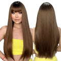Immediate Delivery Brown Long Straight Wig with Bangs for Women Natural Looking Ombre Hair Synthetic Wigs Daily Party Wig