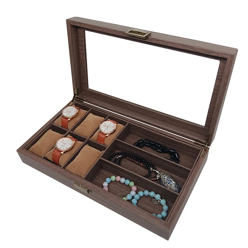 Modern 2-in-1 Watch and Sunglasses Organizer Wood Pattern Leather Showcase With Large Glass Lid Anti-Tarnish Lining