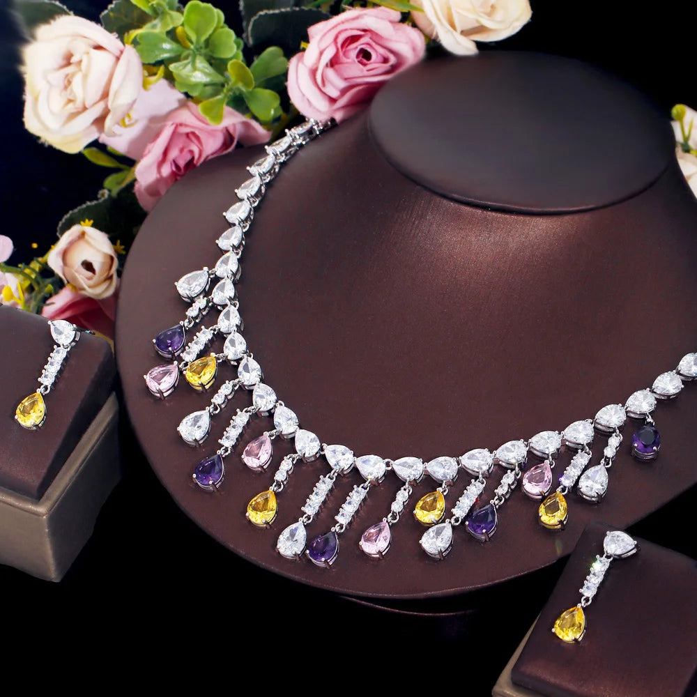 Silver Plated Full Water Drop Multicolor Cubic Zircon Stone Tassel Necklace and Earring Prom Engagement CZ Jewelry Set for Women