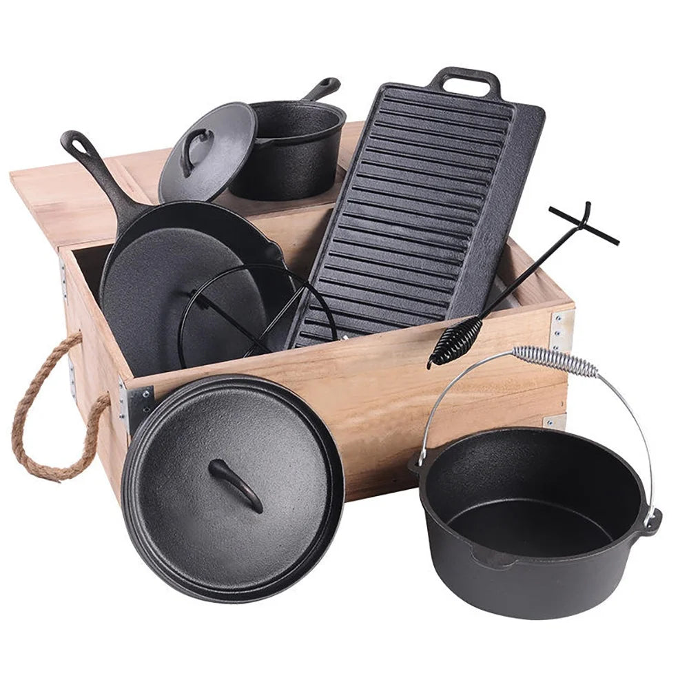 Manufacturer Sales Cast Iron Dutch Oven Set for Camping Outdoor 7 Piece Set With Wooden Box
