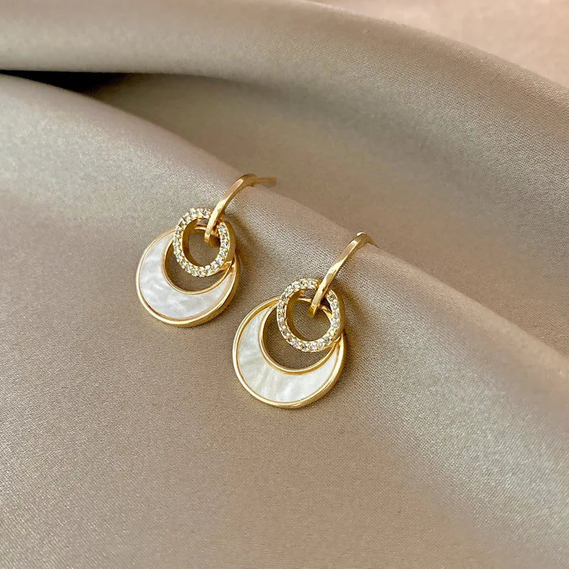 Trendy Double Layer Round Cowrie Shell Earrings Micro Pave Cubic Zirconia Geometric Drop Earrings for Girl