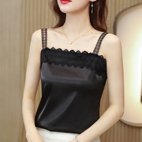 M-4XL Elegant Satin Lace Shirt Summer Sleeveless Casual Clothing Slash Neck Women Blouse Tops Blusa Feminina 3163#