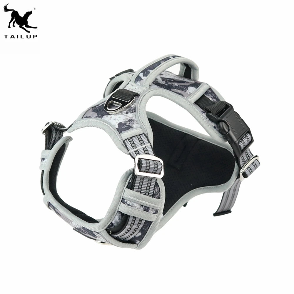 Adjustable Dog Harness Reflective Padded Vest Quick Release Sport Style No Pull Feature Polyester Vertical Handle Two Leash