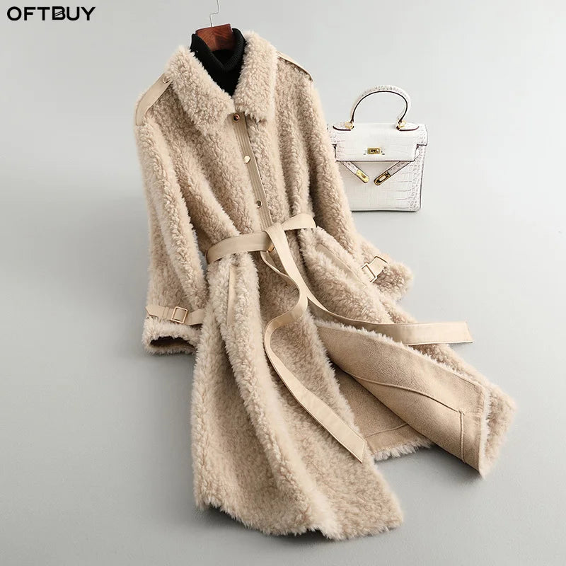 OFTBUY 2021 Winter Jacket Women 100% Natural Wool Lamb Fur Coat Thick Warm Outwear Real Fur Coat Belt Casual Streetwear Fashion