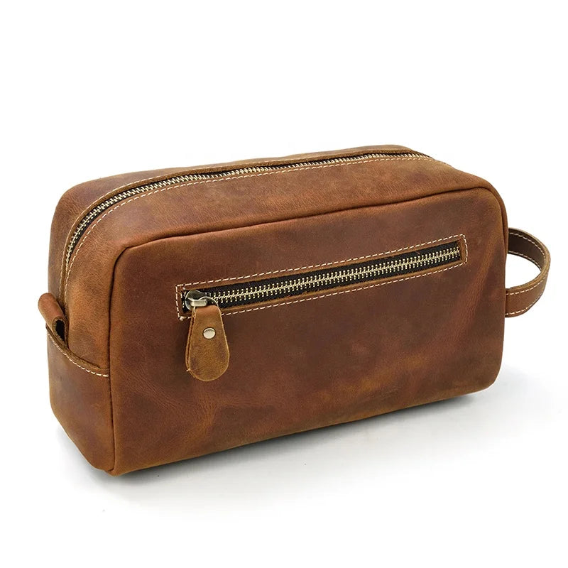 Vintage Crazy Horse Leather Toiletry Bag Travel Bag Unisex Leather Cosmetic Bag Shaving Dopp Kits