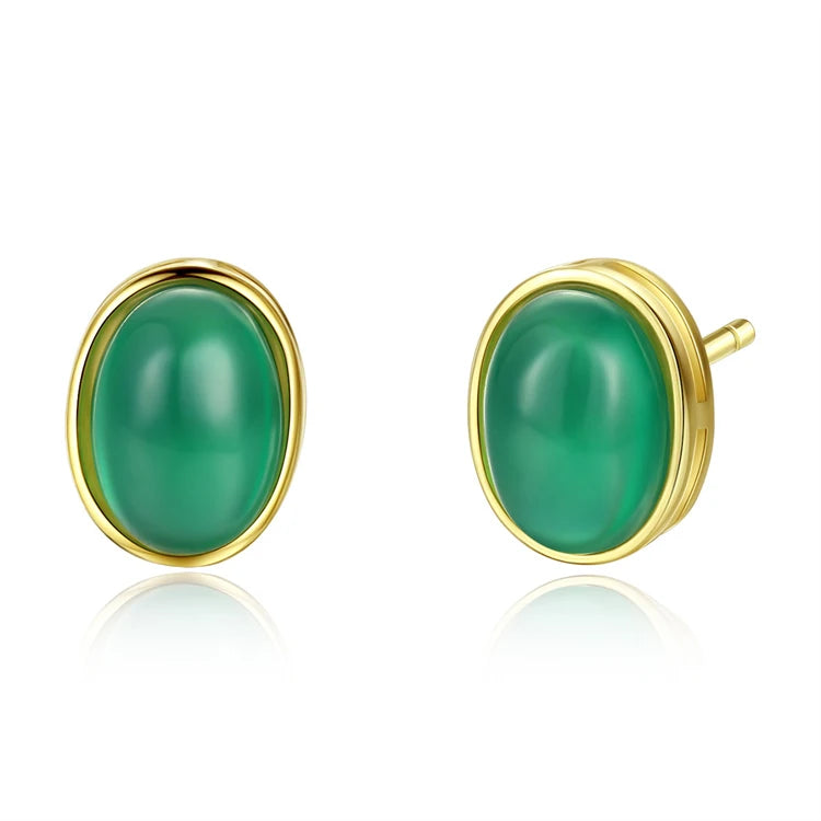 Fine Jewelry 925 Sterling Silver 18k Gold Women Simple Chalcedony Gemstone Stud Earrings