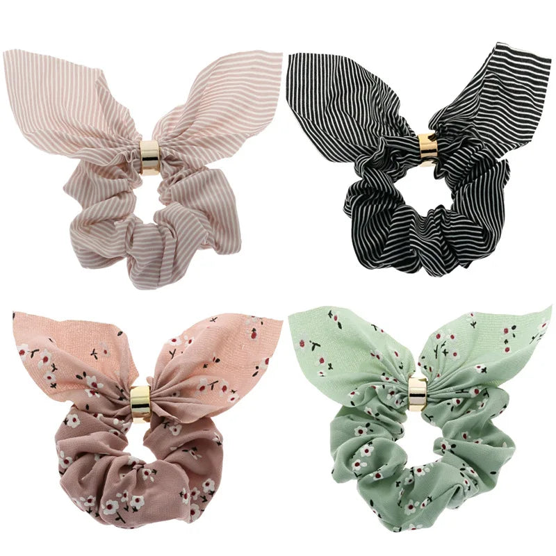 Korea Cute Rabbit Ear Striped Metal Buckle Hair Scrunchies Elastic Hair Bands Ties Rope Bands Ponytail Bands Hair Accessories