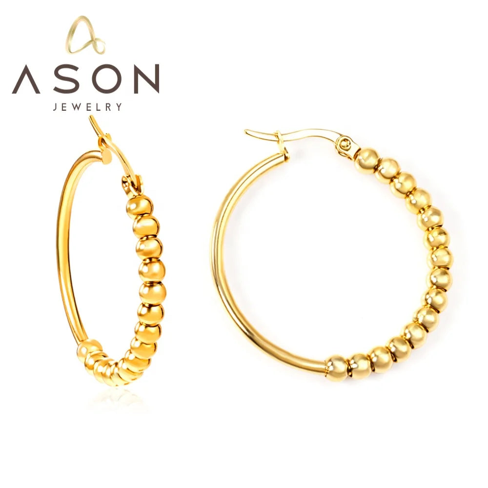 Ason Trend Fashion Jewelry Gold Plating Stainless Steel Women Wholesale Earrings Mixed Lot Beaded Bold Christmas Hoop Earrings