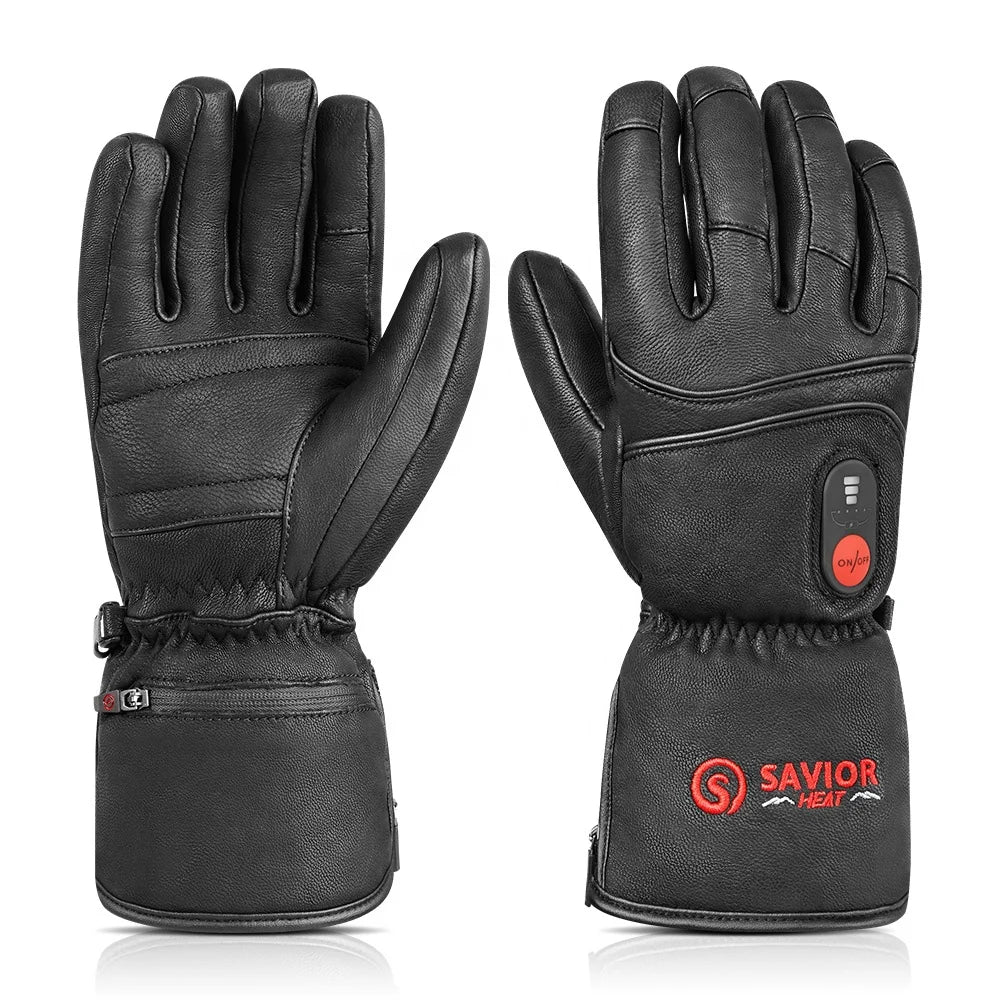 Men's Waterproof Leather Rechargeable Battery Powered Thermal Insulated Heated Leather Ski Gloves
