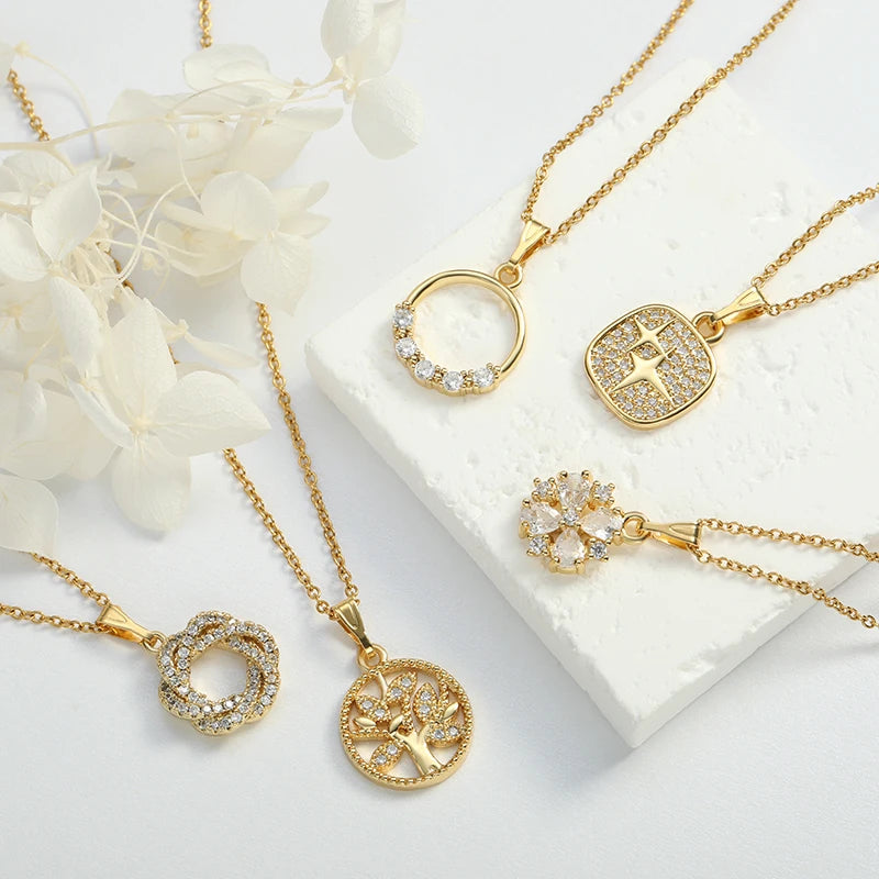 Non Fading Fashion Jewelry for Women 18K Gold Brass Round Zircon Pendant Necklace Shiny Cubic Zirconia Garland Charms Necklace