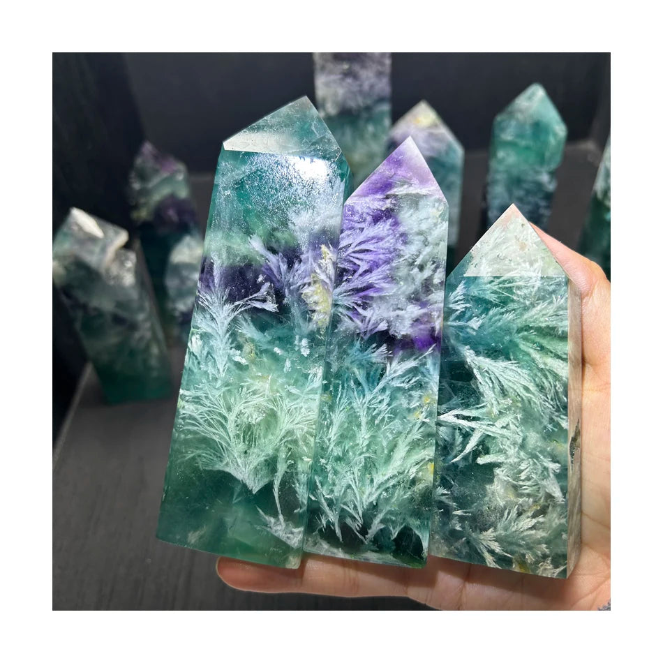 Hot Selling Snowflake Fluorite Towers Reiki Fengshui Stone Crystal Quartz Snowflake Fluorite Point Wand for Collection