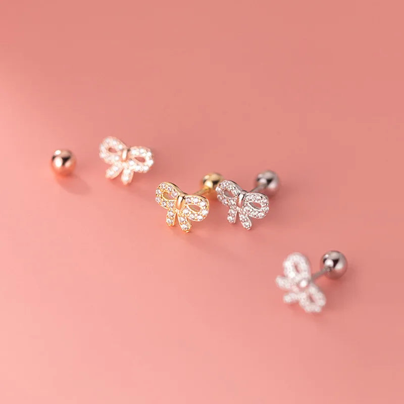 Wish Jewelry Luxury Minimalist Jewelry S925 Silver Bowknot Earrings Sweet Bling Cubic Zircon CZ Bow Earrings for Birthday Gifts