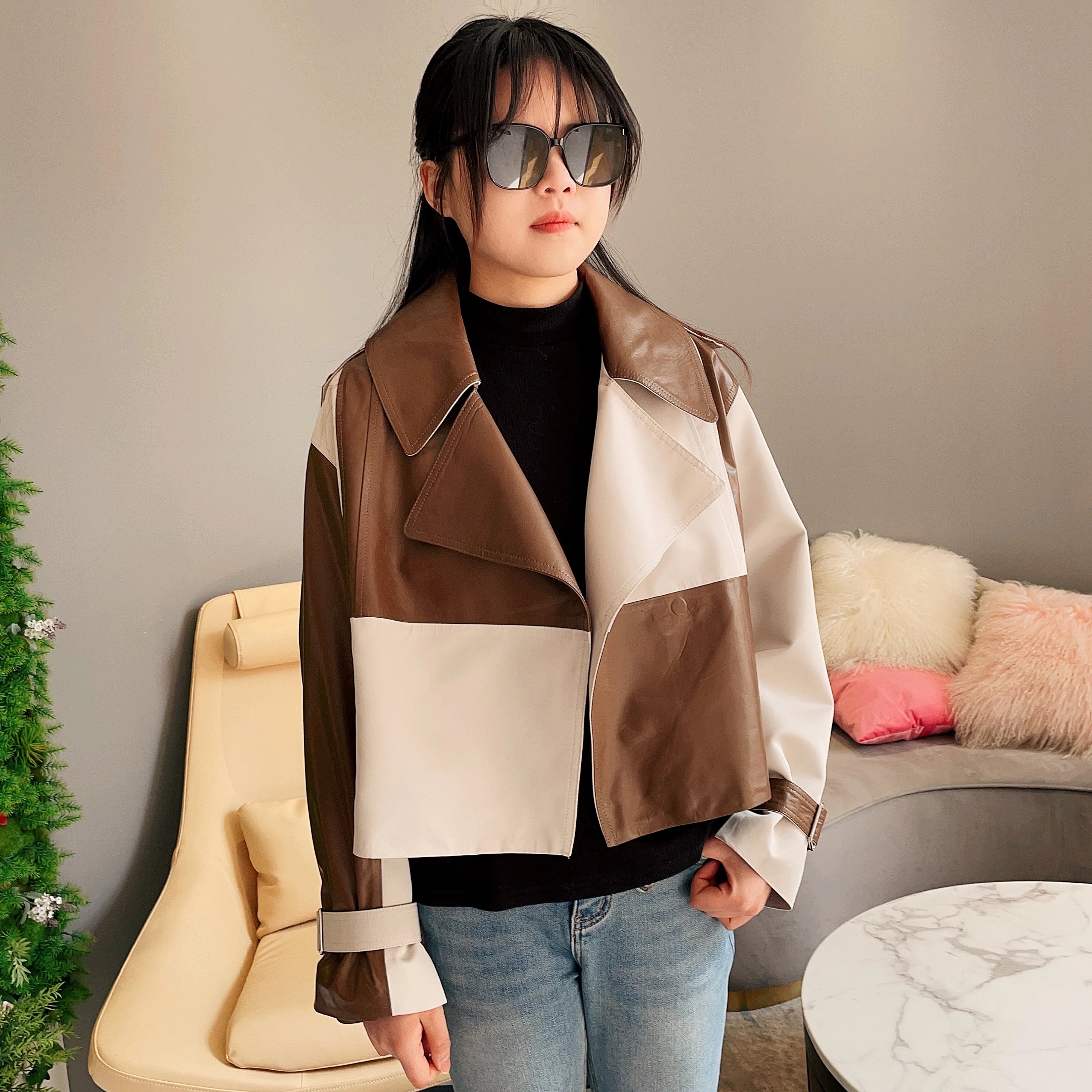 2023 Wholesale Ladies Fashion Cropped Leather Moto Bomber Coat Leather Jacket Large Size