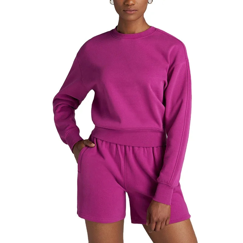 Custom Women's Cropped Crewneck Sweatshirt & Pant Suit Set Relaxed Fit Sweatsuit with Front Logo for Winter