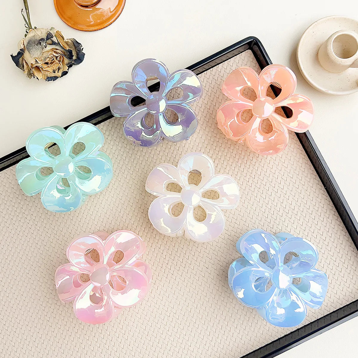 KUACHI Wholesale New Colorful Hollow Hairpin Plumeria Plastic Hair Clip Fantasy Ladies Cute Flower Hair Claw