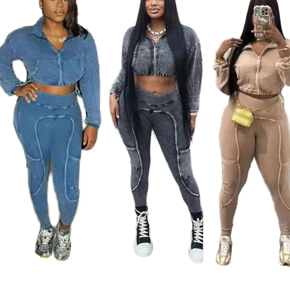 Women's Washed Patchwork Distressed Casual Fashion Sports Set
