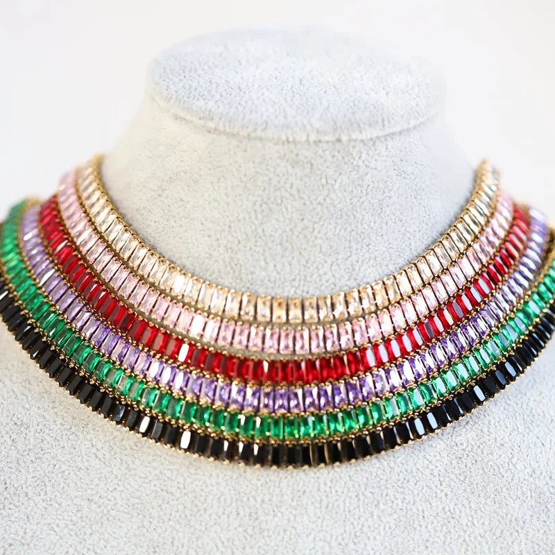 Fashion Luxury Stainless Steel Fine Jewelry Baguette Cubic Zirconia Iced Out Square Gold Tennis Chain Necklace