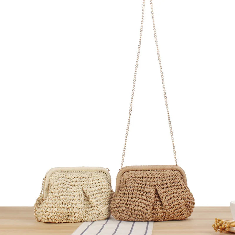 Single Shoulder Crossbody Chain-Linked Paper Rope Woven Bag Holiday Beach Handbag with Matching Strap