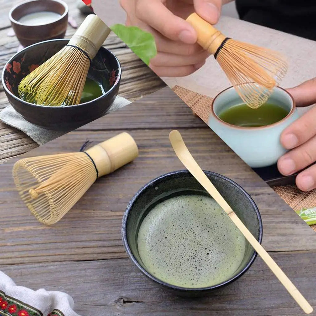 3pcs Matcha Tea Tool Set Bamboo Whisk Scoop and Whisk Holder Matcha Tea Ceremony Tools 100 Prong Coffee & Tea Sets