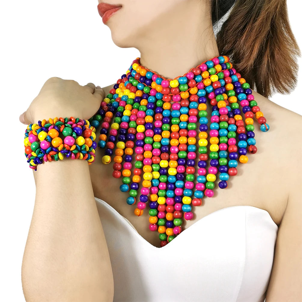 New Arrival Handmade String Beads Jewelry Set Wood Beads Statement Collar Necklace Elastic Rope Bracelet Bohemian Accessory