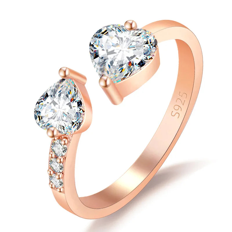 Luxury Fashion Rose Gold Silver Diamond Engagement Rings Open Adjustable Double Heart Shaped Ring for Women Wedding Jewelry