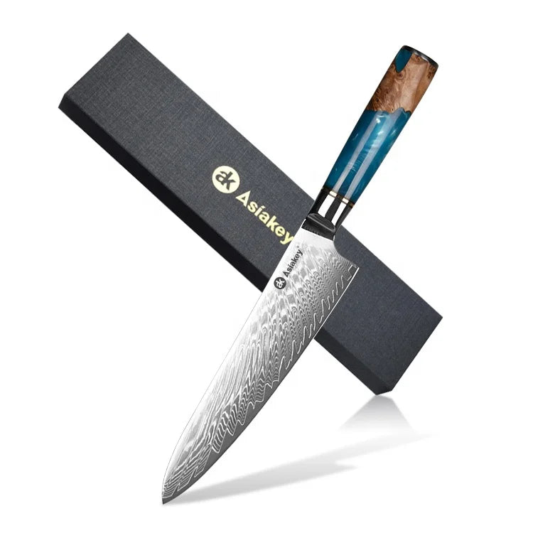 Professional Japanese Damascus Steel 8-Inch Chef Cooking Kitchen Knife with Blue Resin Wood Handle VG10 Blade Material