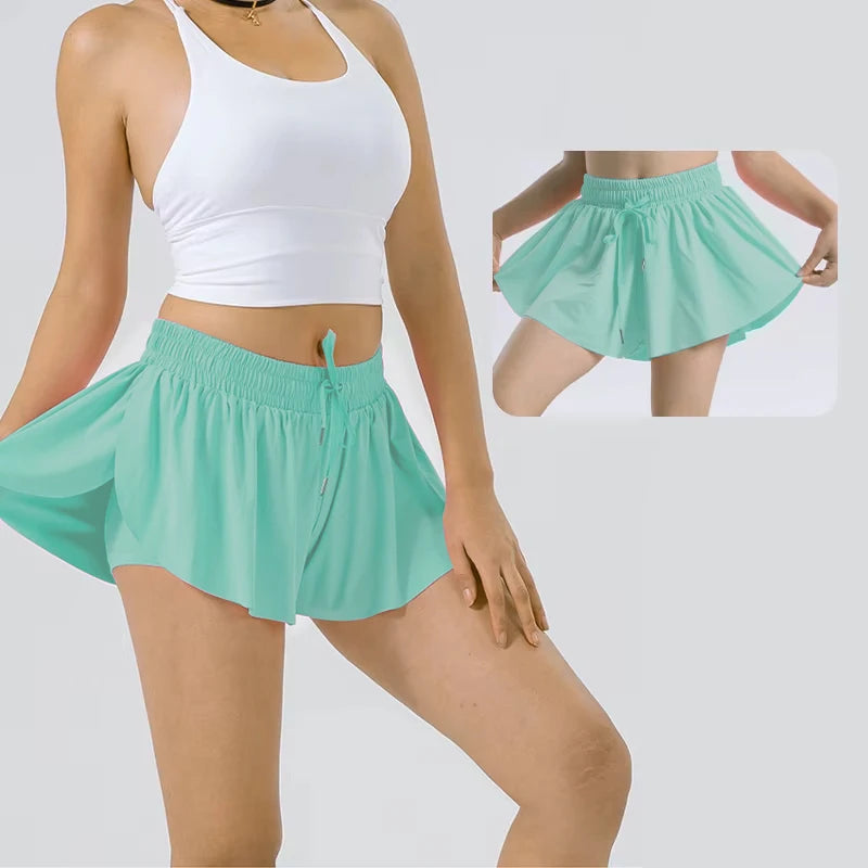 2 in 1 Flowy Running Yoga Shorts Women Gym Sport Kid Biker Butterfly Shorts Tennis Skirt Summer Youth Girls Flowy Shorts