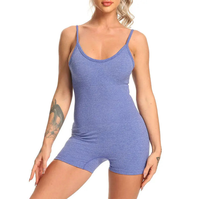 Women's Seamless Ribbed Sports Bodysuit Workout Yoga One Piece Jumpsuit with Spaghetti Strap Shorts Romper Shapewear