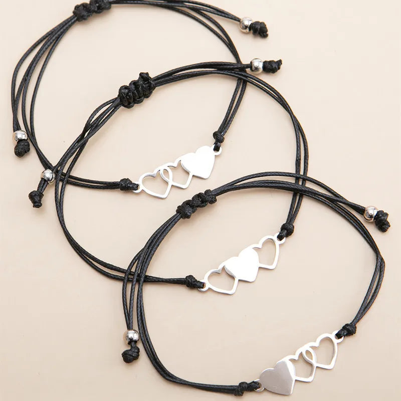 Handmade Adjustable Heart Shaped Bracelets for Couple Lover High Quality Black Rope Bracelet Set