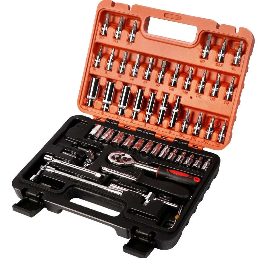 53-Piece Hand Tool Set for Car Repair Chrome Vanadium Steel Hard Case-Professional Ratchet Wrench & Socket Set (OEM Option)