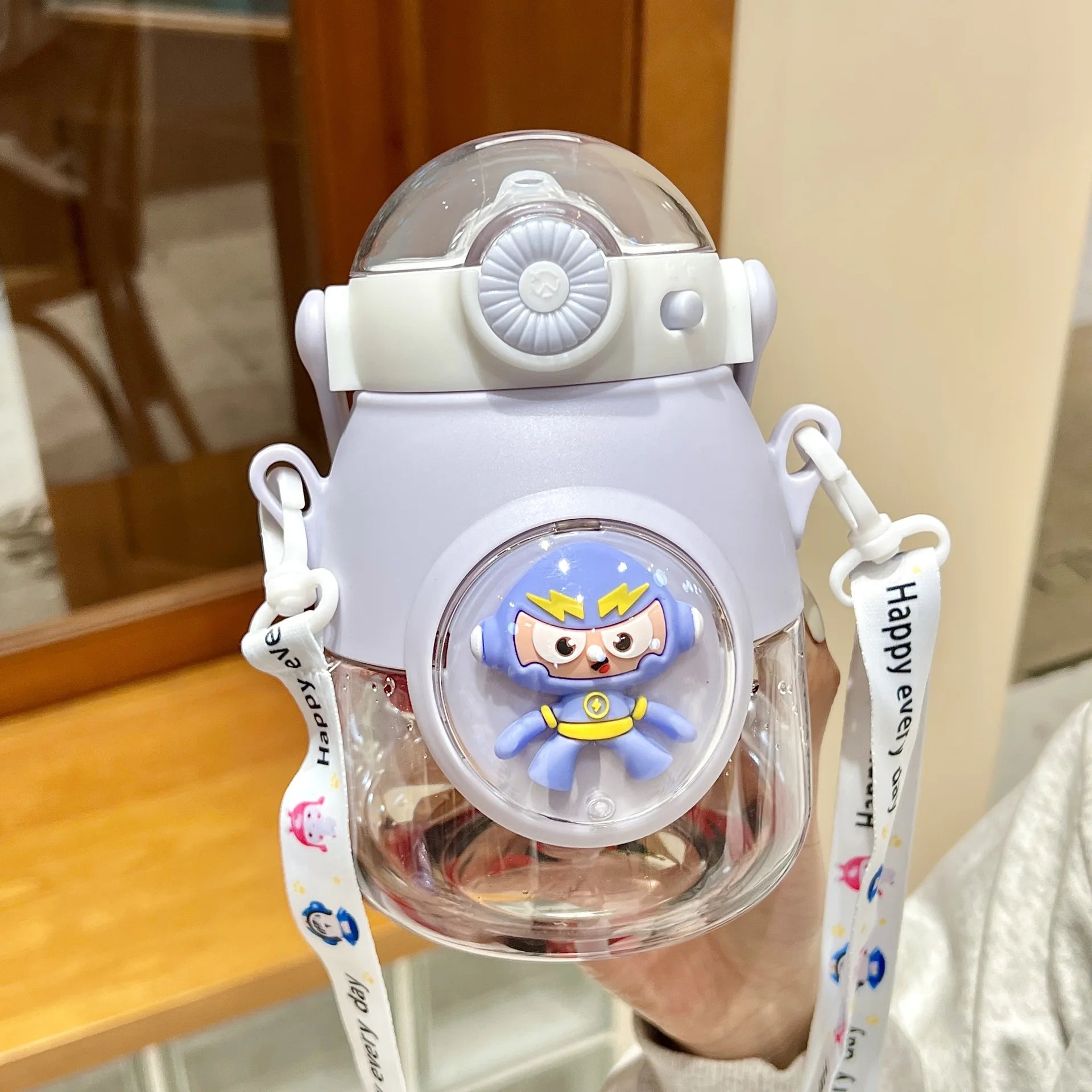 Boys Water Kettle with Straw Cartoon Bear Pattern Large Capacity Summer New Portable Student Plastic Bottle with Shoulder Strap