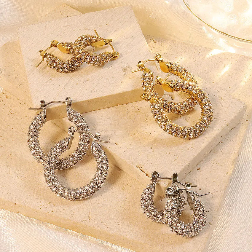 Fine Jewelry Vintage Full Diamond Stainless Steel Earrings Round Earrings Women Hypoallergenic Silver Gold Pave Hoop Earring