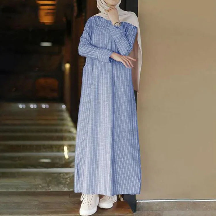 Fashion New Abaya Muslim Dresses Striped Plus Size Dress Wholesale 2022 Turkey Dubai Elegant Women Long Sleeve for Women Casual