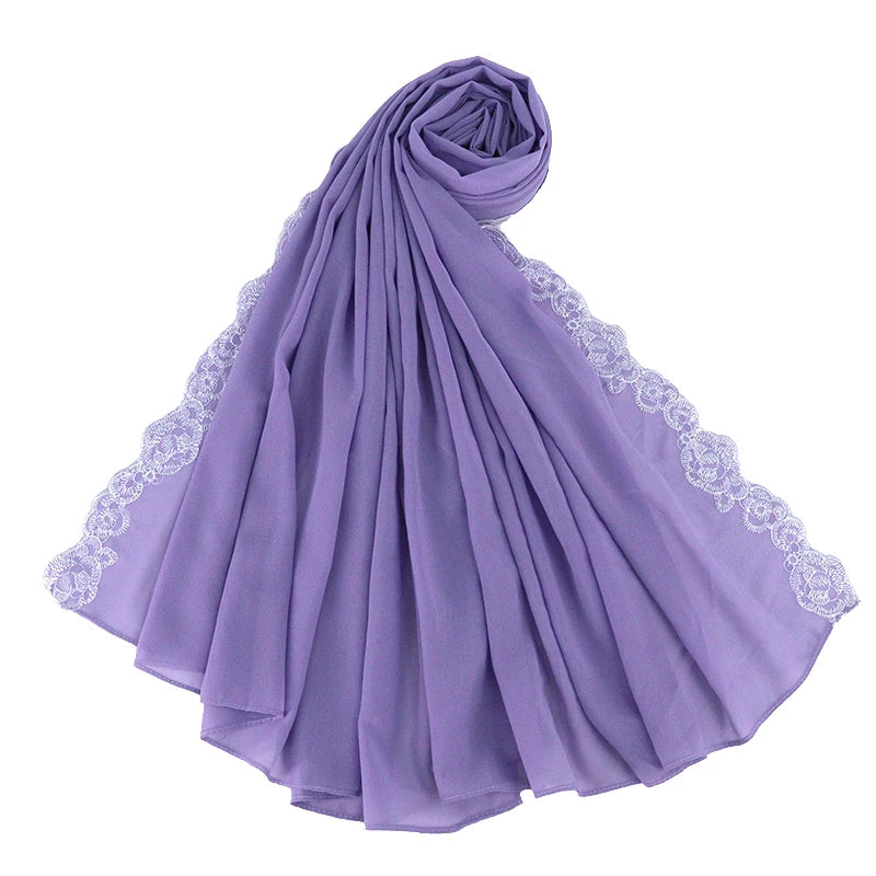Fashion Wholesale Chiffon Scarf With Embroidery Lace Hijab High Quality New Design Hijab for Muslim Women