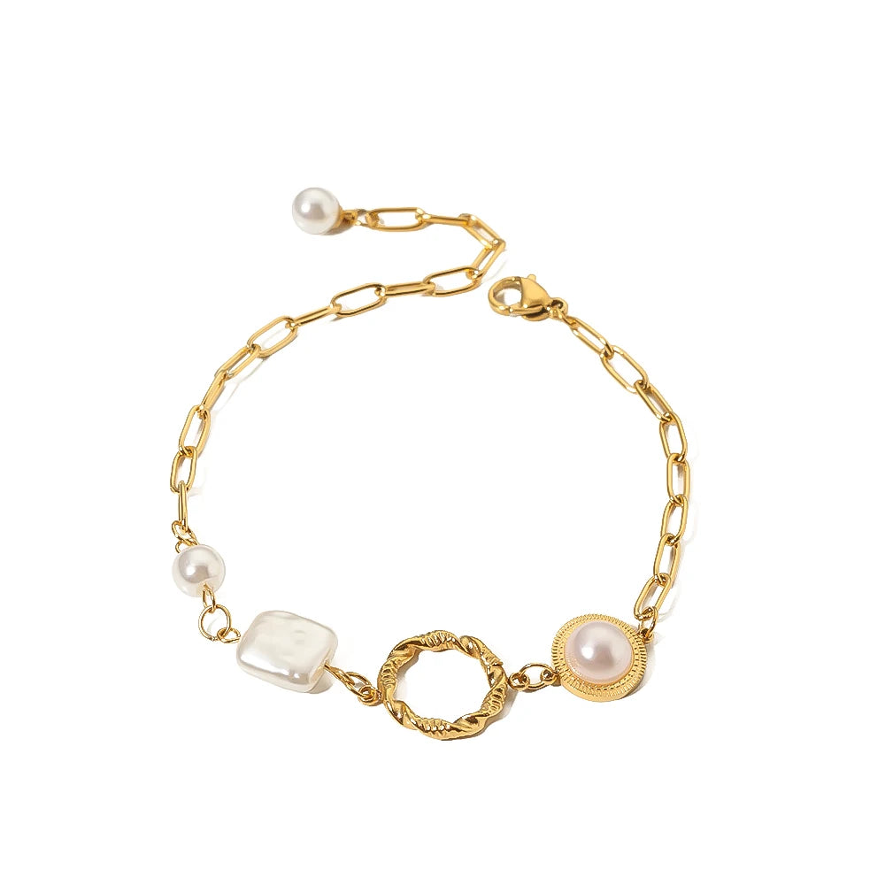 18K Stainless Steel Popular Design Freshwater Pearls Baroque Link Chain Women Bracelets for Gift Party