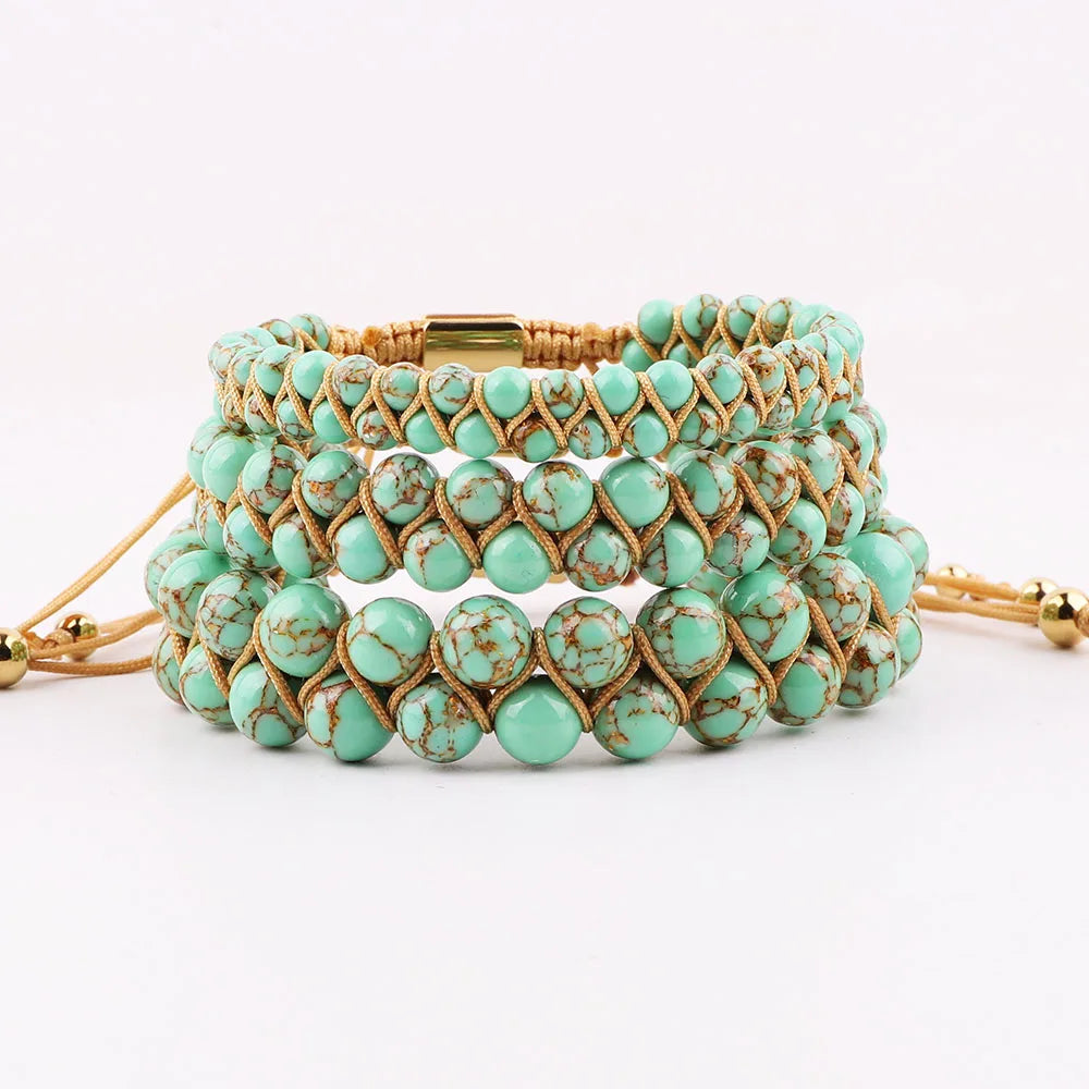 New Fashion Green Turquoise Double Layer Braided Adjustable Bracelet Beads With Custom Logo for Women JBS12571