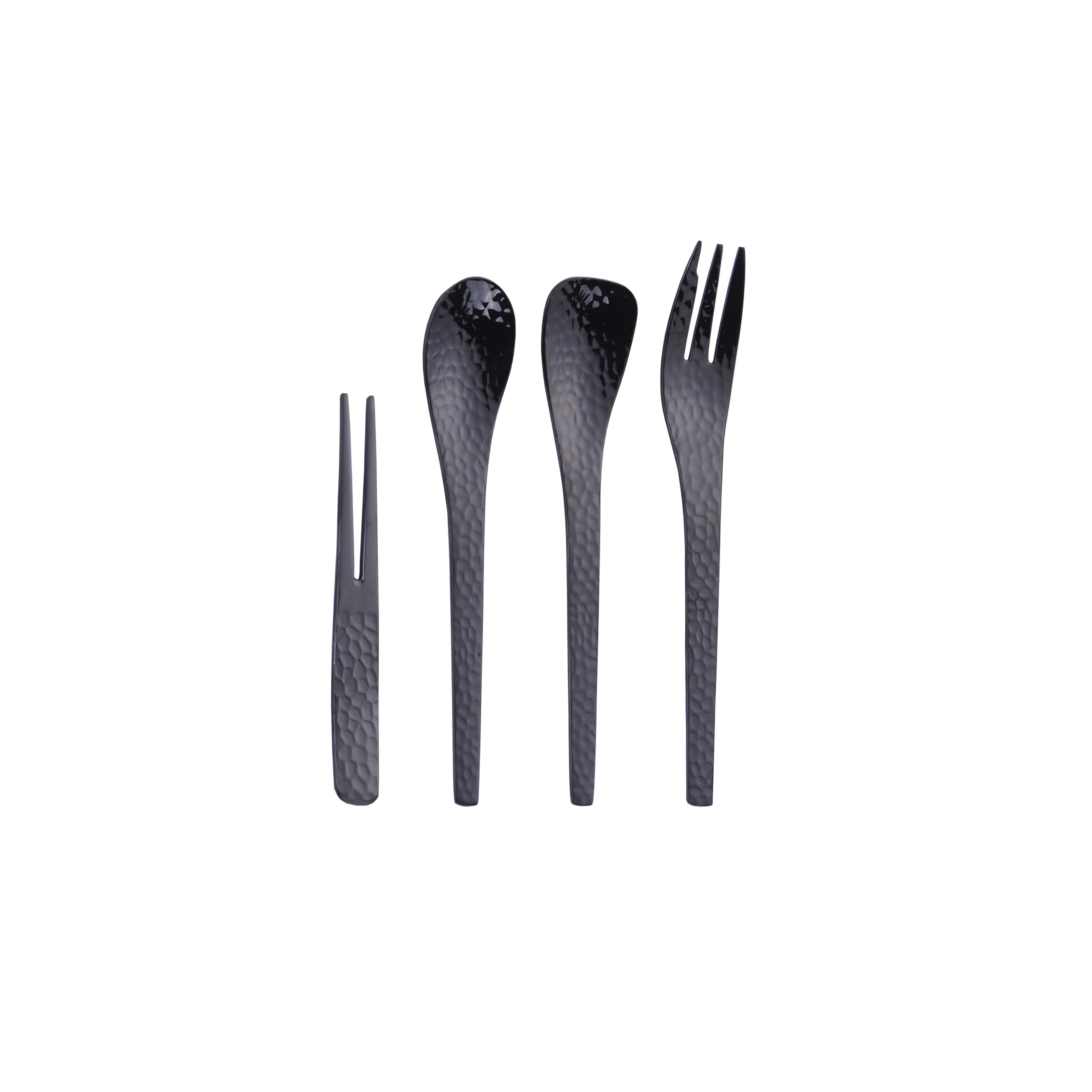 Luxury Vintage Hammered Black Stainless Steel Flatware Set Unique Style Small Forks Spoons Restaurant Use Wedding Dessert