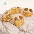 SUMMLY Vintage Wholesale 18K Gold Plated Stainless Steel Wide Strict Hammer Pattern Open Ring Fashion Jewelry